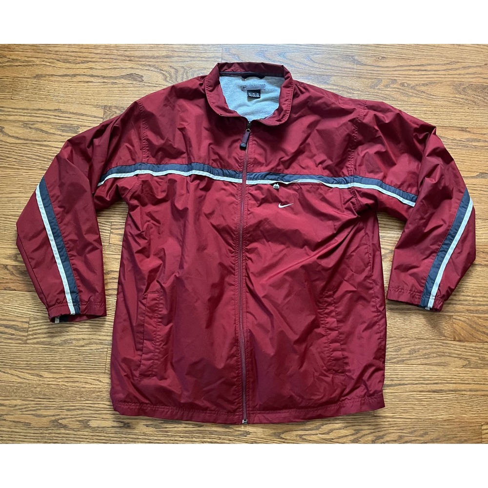 Vintage Nike Men XL Windbreaker Jacket Maroon Burgundy Y2K Full Zip Lined Stripe